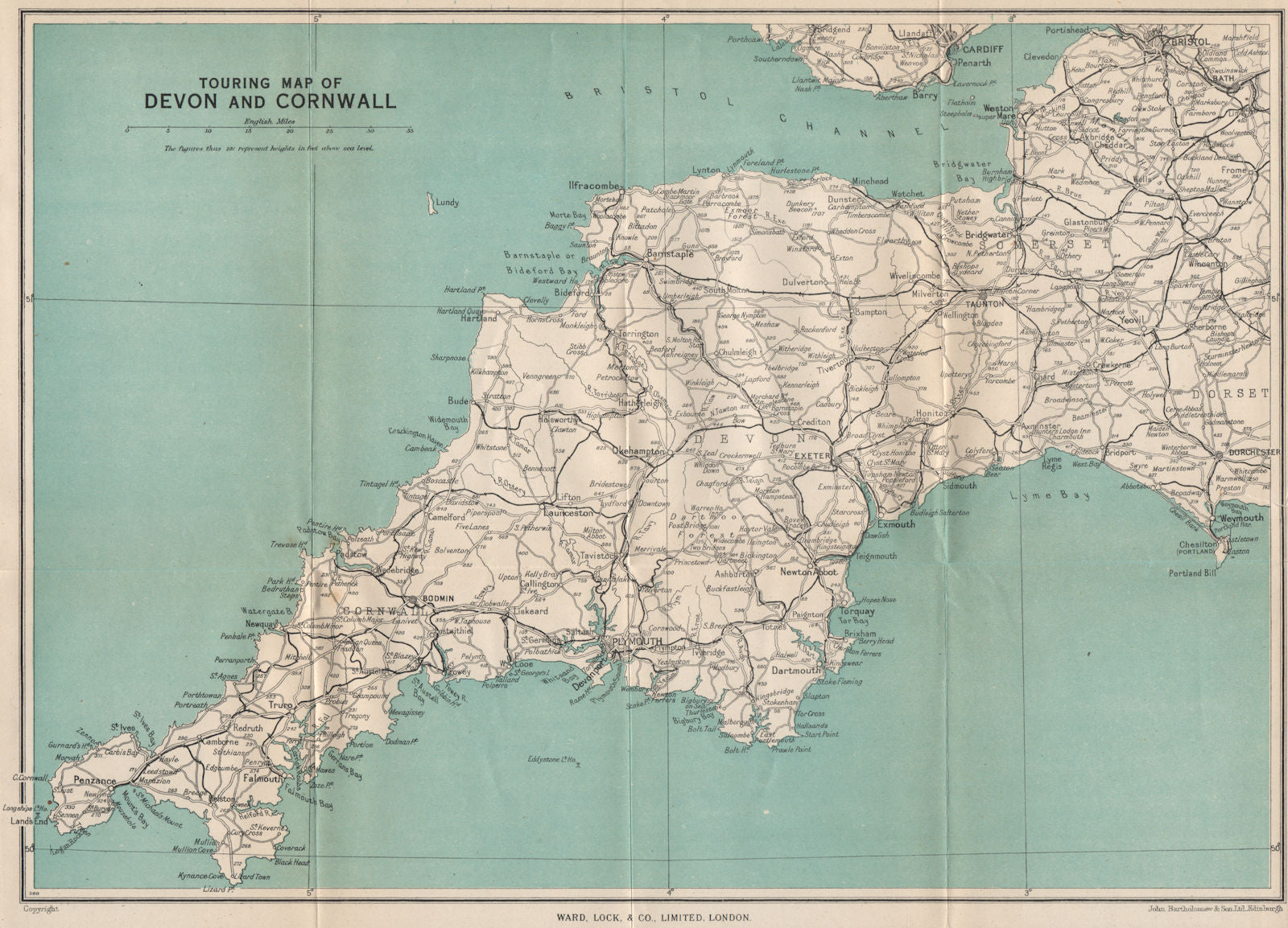 DEVON AND CORNWALL TOURING MAP. South West England. WARD LOCK 1948 old